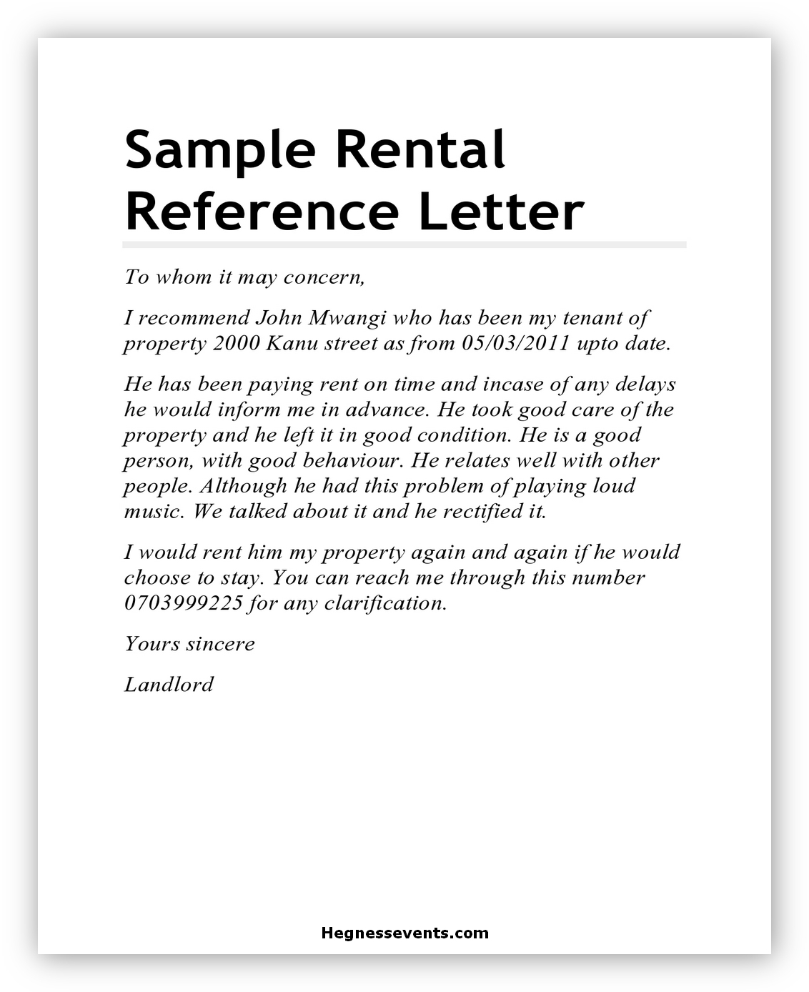 Character Reference Letter Sample For Rental