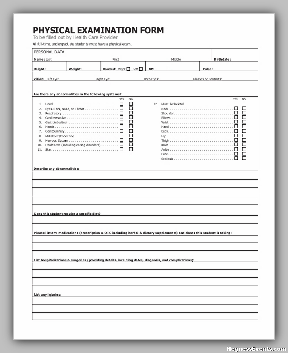 Physical examination form. Sample physical examination form. Чистый лист physical examination Report. Бланк фитнес тестирования.