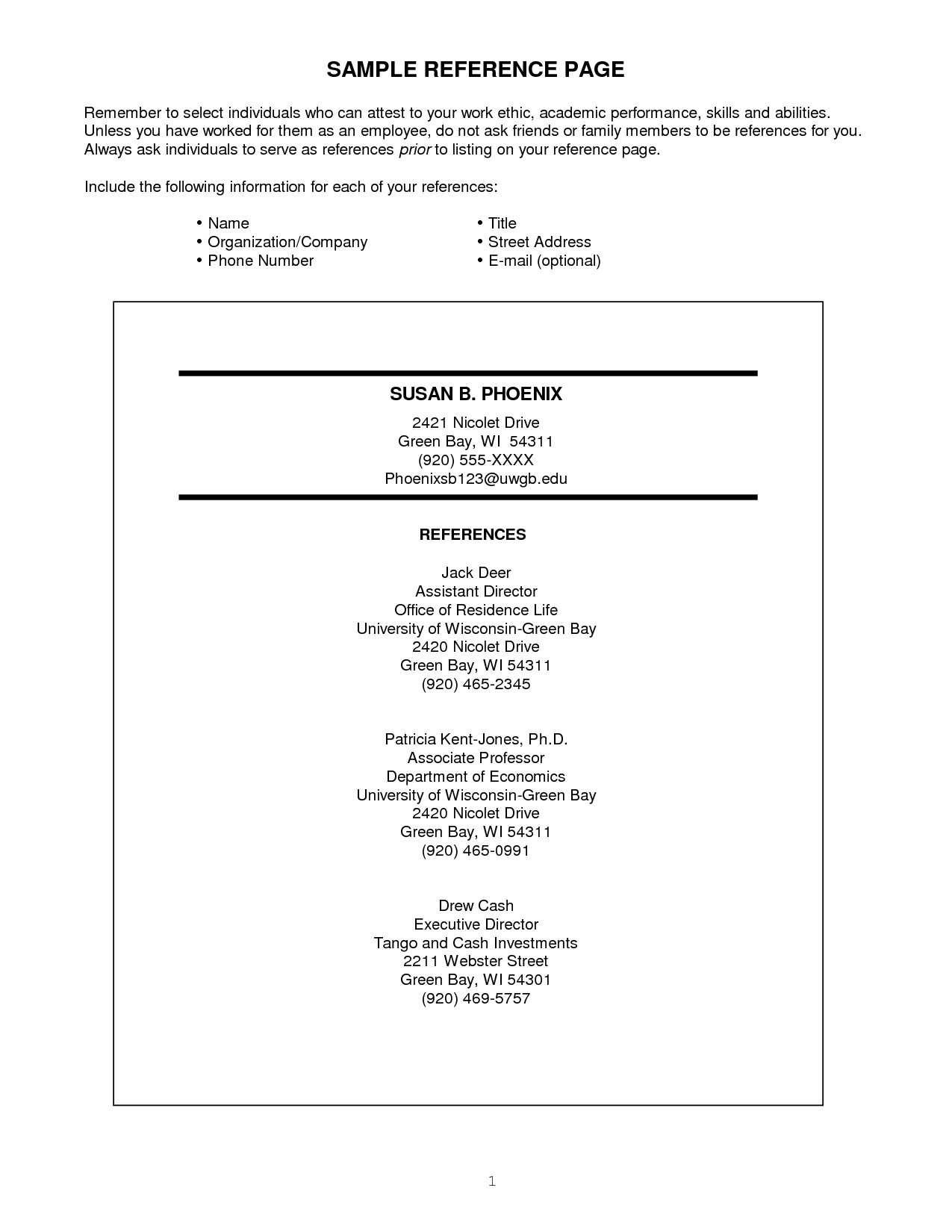 professional resume references examples