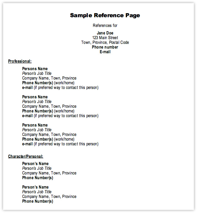 resume reference page sample