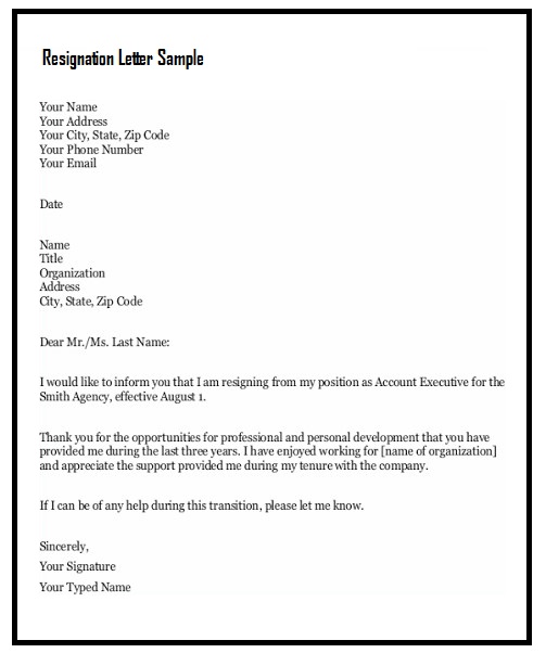 Resignation Letter Text Format
