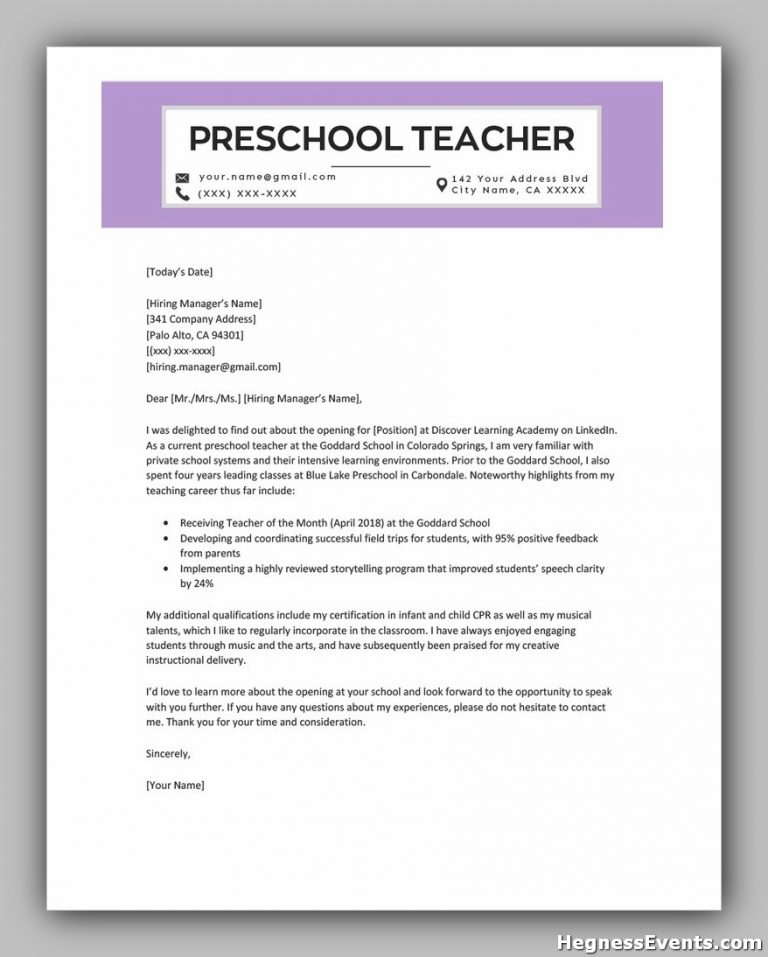 cover letter examples for a kindergarten