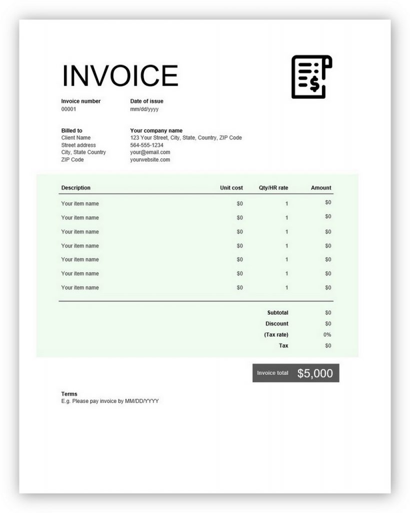 commercial invoice template quickbooks