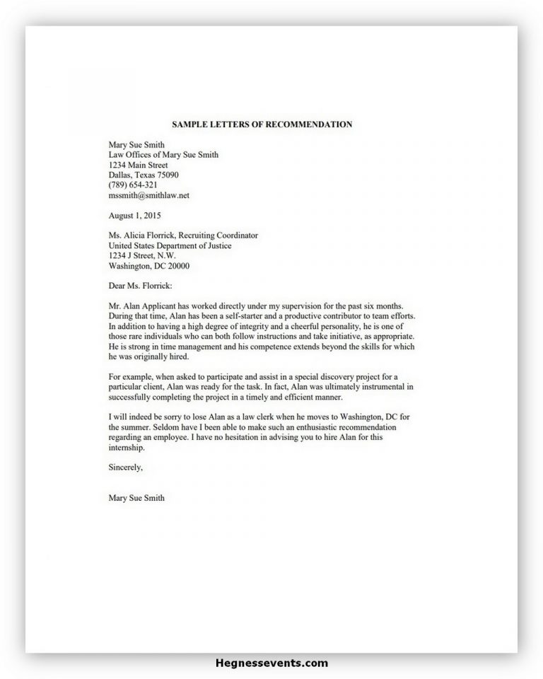 Law Student Letter Of Recommendation Sample