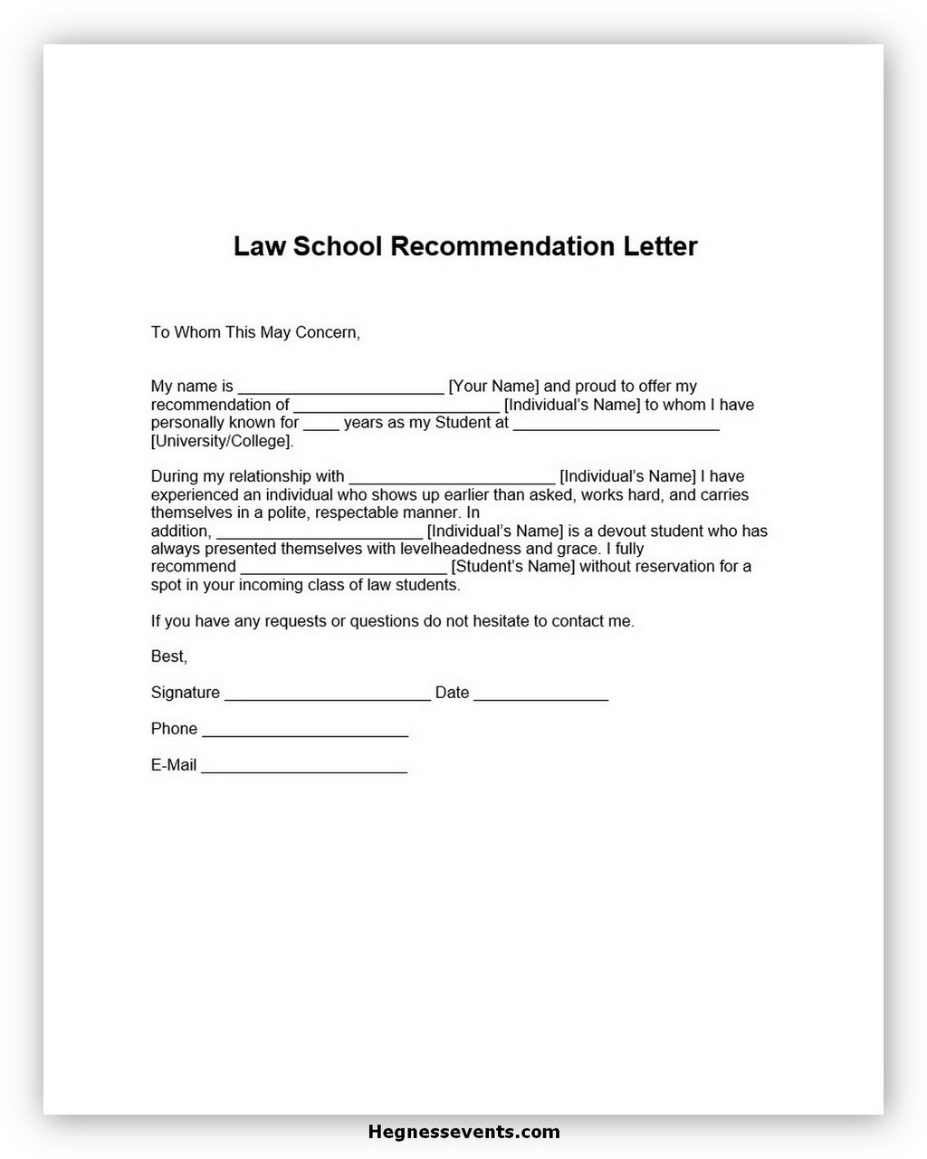 Best Law School Recommendation Letter Example